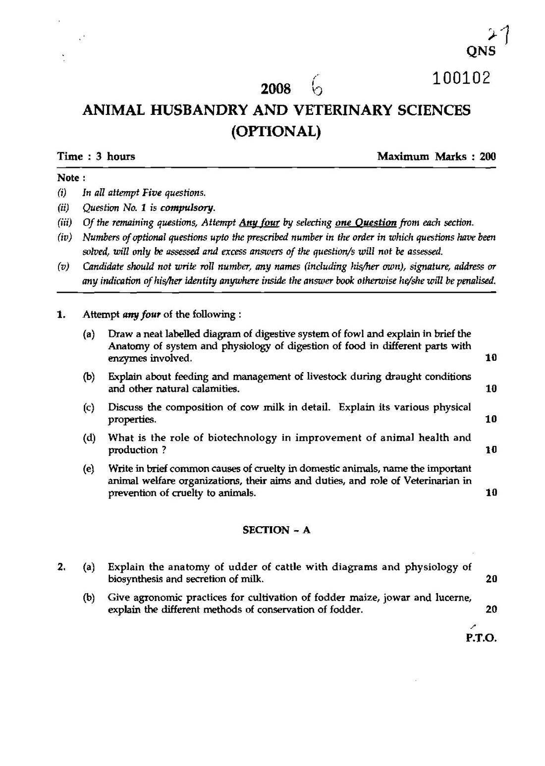 AHVS Optional 2008 Maharashtra Forest Services Exam — page 1 instructions scan PDF download