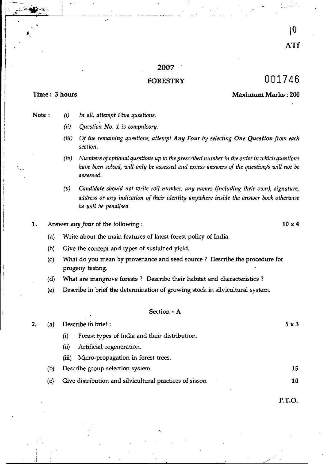 Forestry 2007 Maharashtra Forest Services Main Examination Questions — page 1 instructions scan PDF download