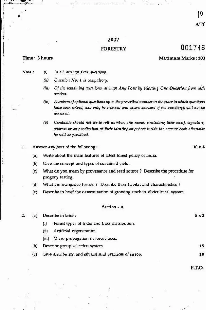 Forestry 2007 Maharashtra Forest Services Main Examination Questions — page 1 instructions scan PDF download