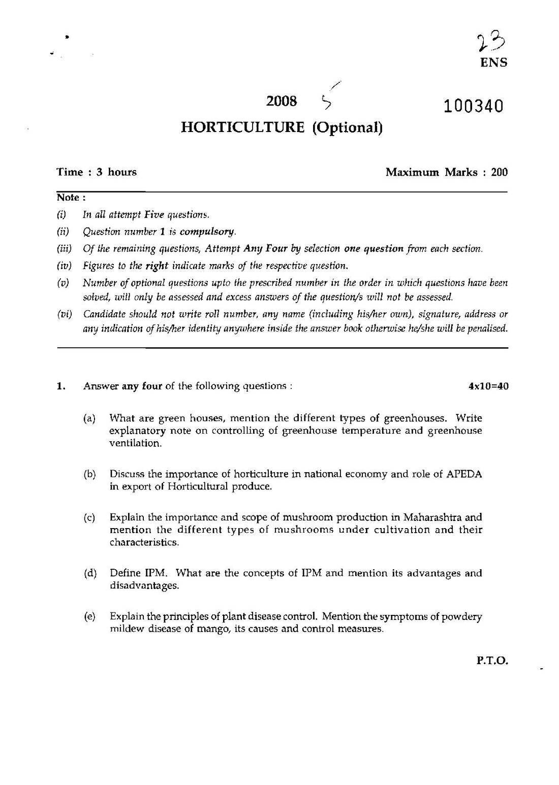 Horticulture Paper 2008 MA Government (Main) — page 1 instructions scan PDF download