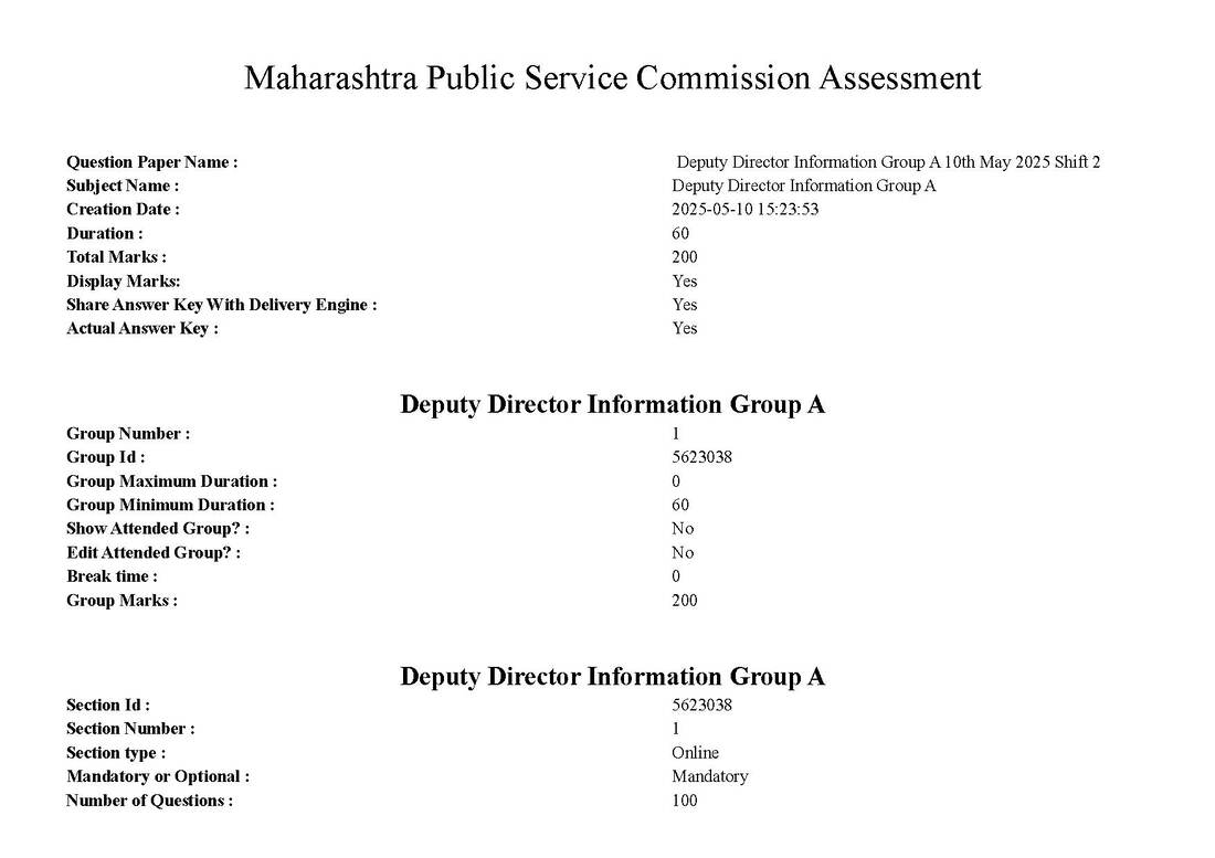Deputy Director Information Group A 2025 – MPSC Question Paper — page 1 instructions scan PDF download