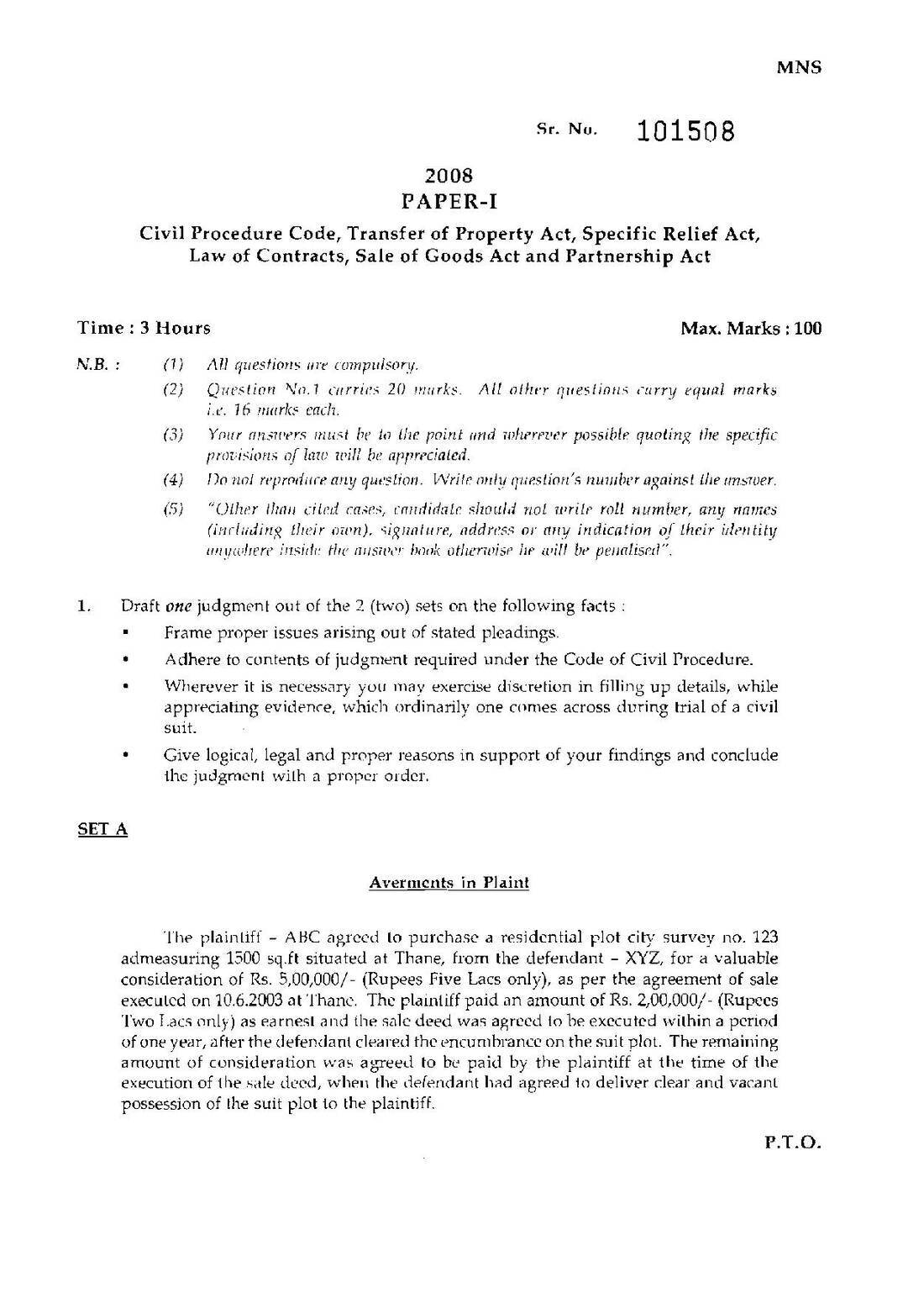 JMFC Main Exam 2008 Paper 1 – Descriptive Questions — page 1 instructions scan PDF download