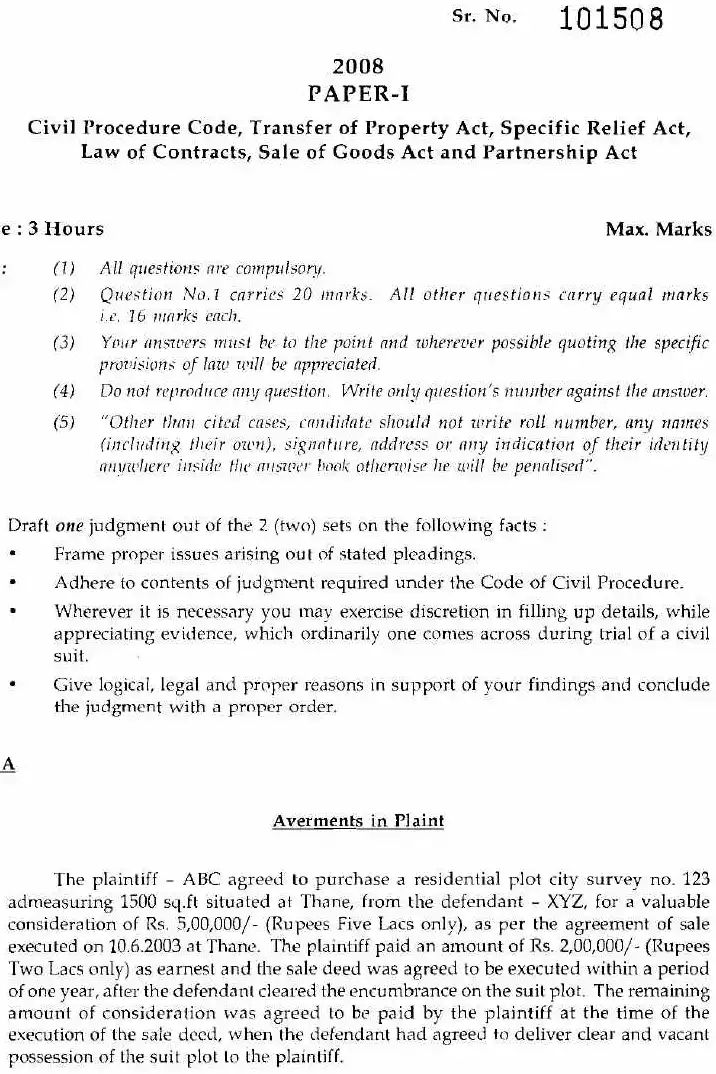 JMFC Main Exam 2008 Paper 1 – Descriptive Questions — page 1 instructions scan PDF download