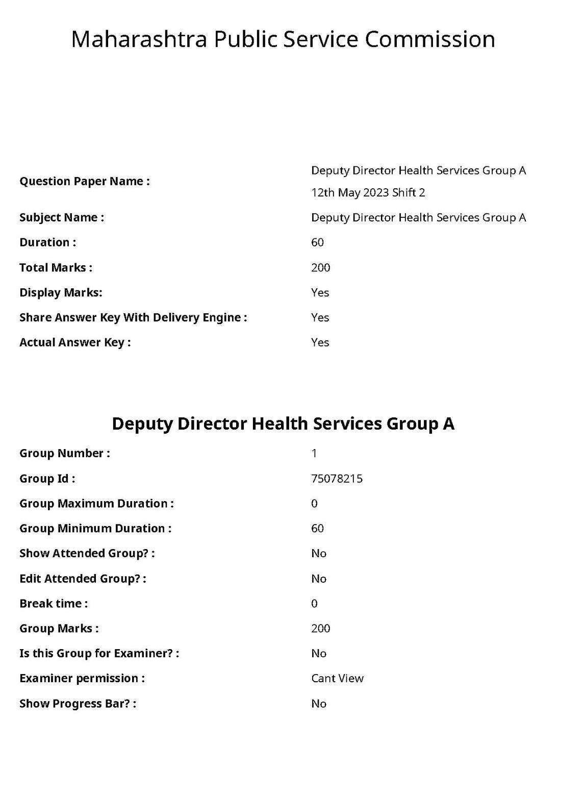 Deputy Director Health Services Group A 2023 Deputy Director Health Services Group A Maharashtra Public Service Commission question paper page 1 instructions scan PDF download