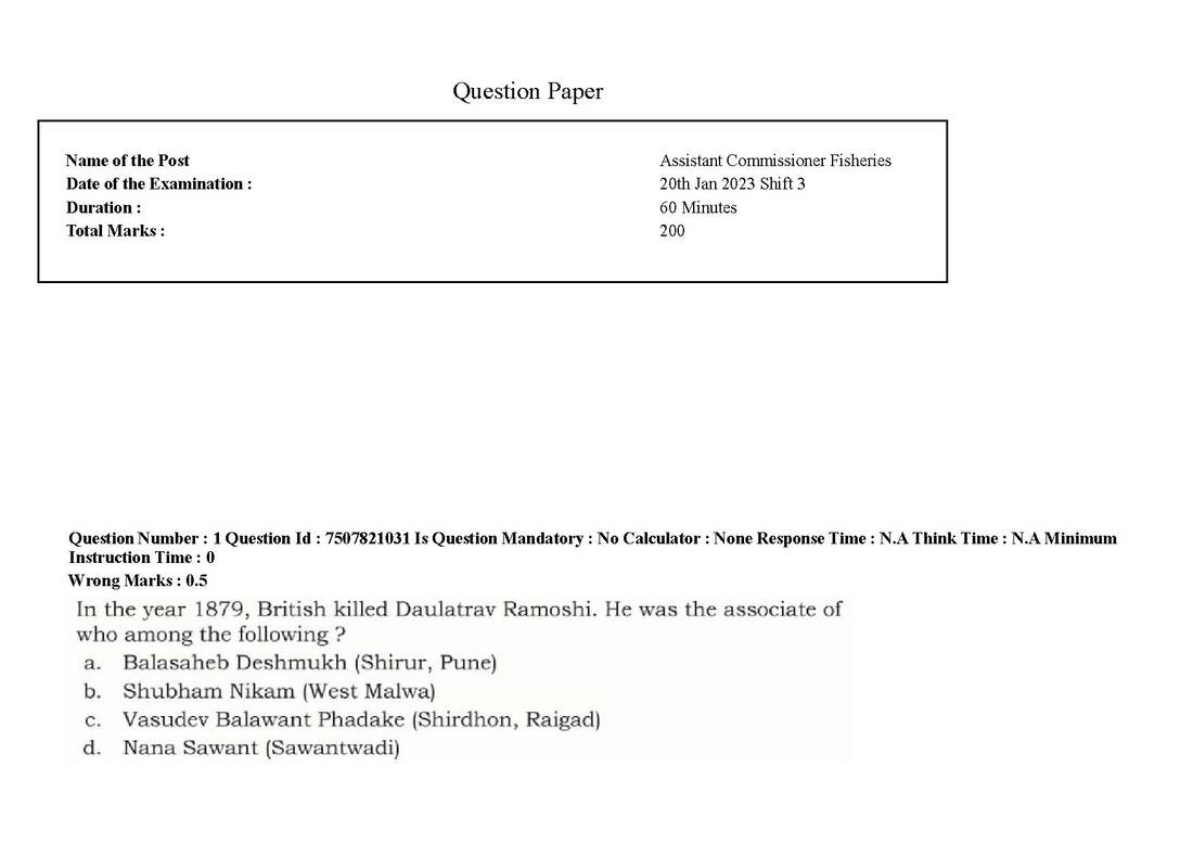 MPSC Fisheries 2023 – Q1: Assistant Commissioner Question Paper — page 1 instructions scan PDF download
