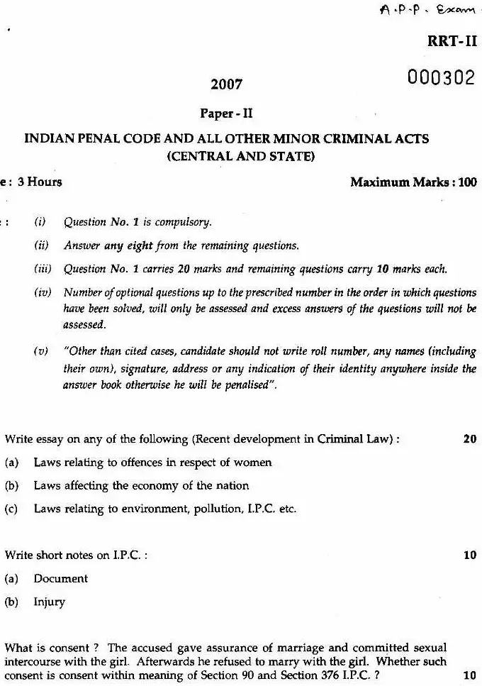 Paper-II IPC & Minor Acts (2007) - Maharashtra AP Prosecutor — page 1 instructions scan PDF download