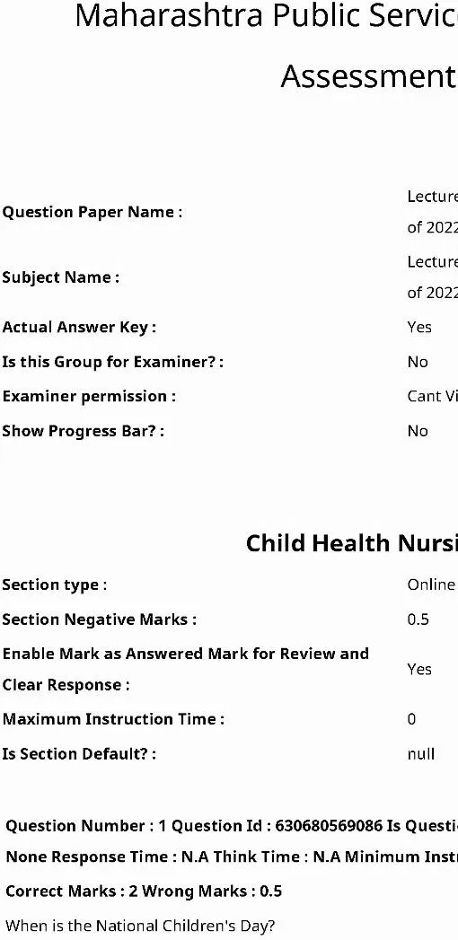 MPSC Child Health Nursing 2022 – Lecturer/Asst Professor (GMJ) — page 1 instructions scan PDF download