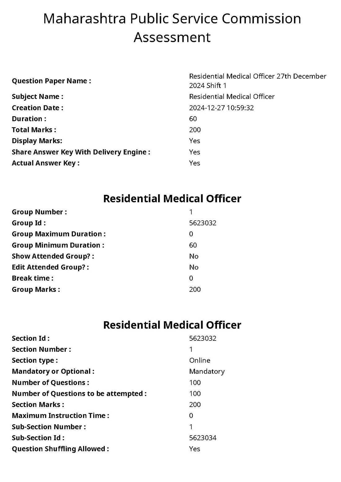 Maharashtra PSC Residential Medical Officer 2024 Question Paper — page 1 instructions scan PDF download