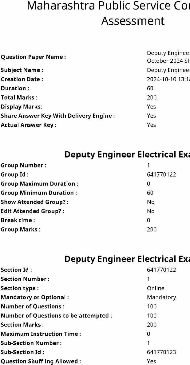 MPSC Deputy Engineer Electrical Exam 2024 — Shift 2 MCQ Paper — page 1 instructions scan PDF download