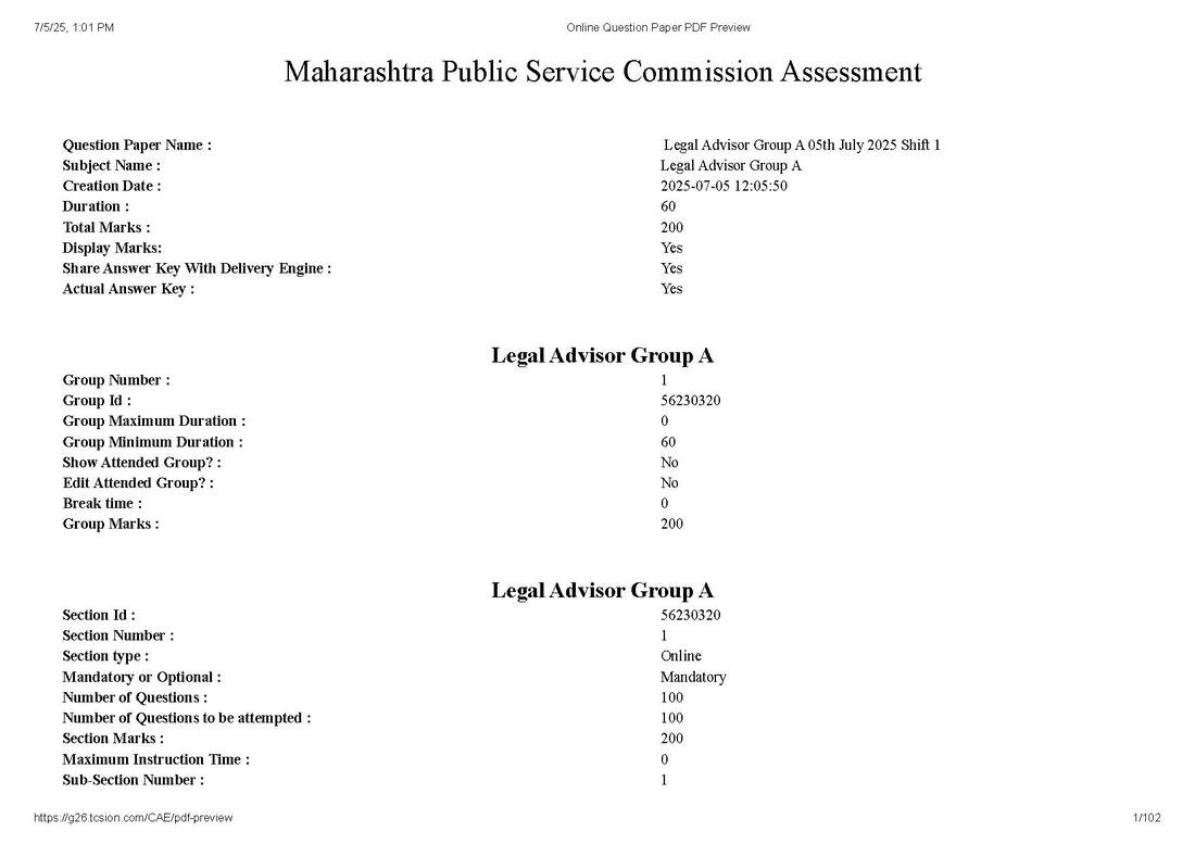 Legal Advisor Group A 2025 MCQ Paper Preview — page 1 instructions scan PDF download
