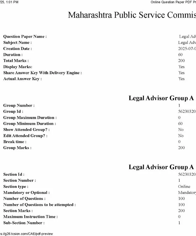 Legal Advisor Group A 2025 MCQ Paper Preview — page 1 instructions scan PDF download