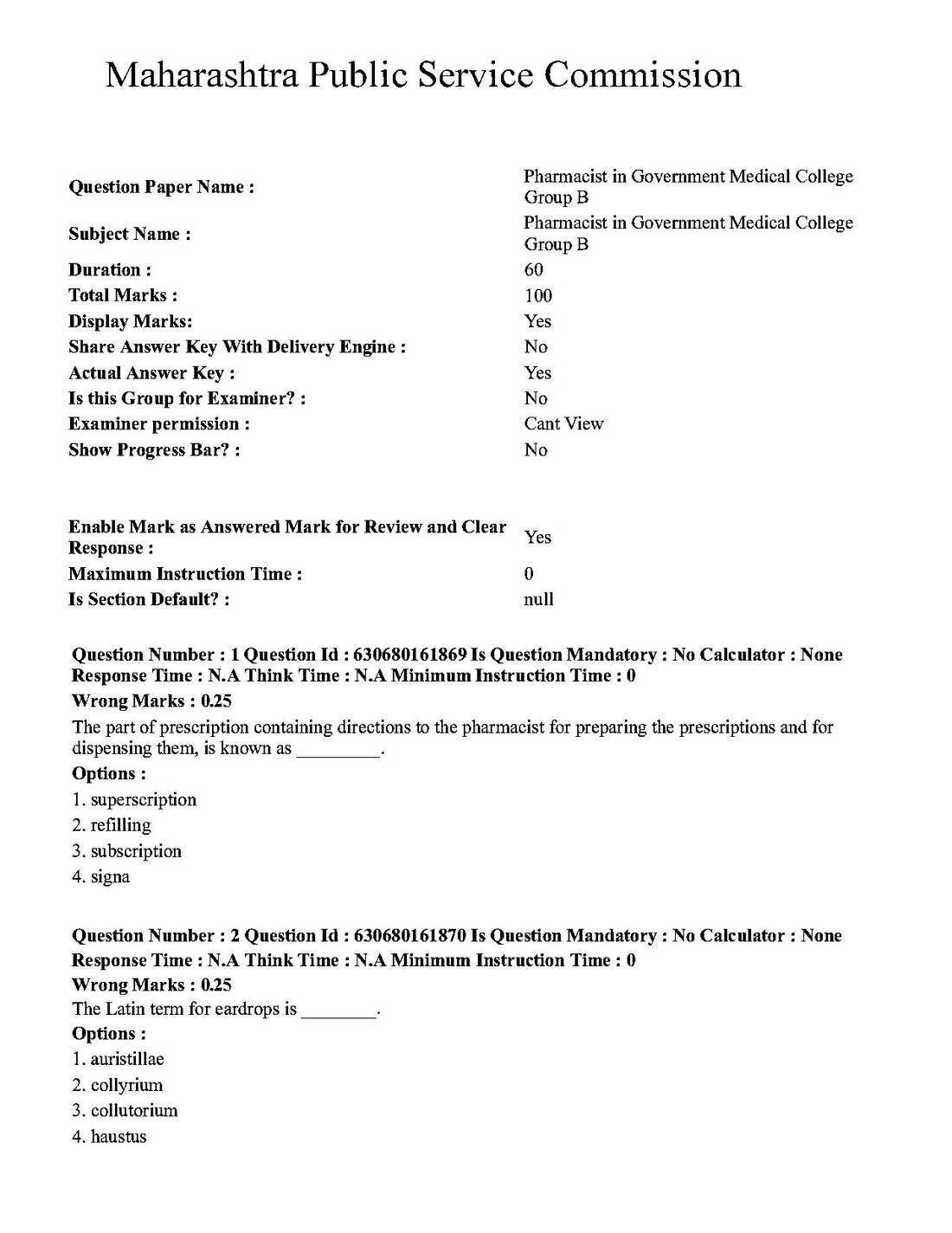 MPSC Pharmacist Group B Question Paper 2023 — page 1 instructions scan PDF download