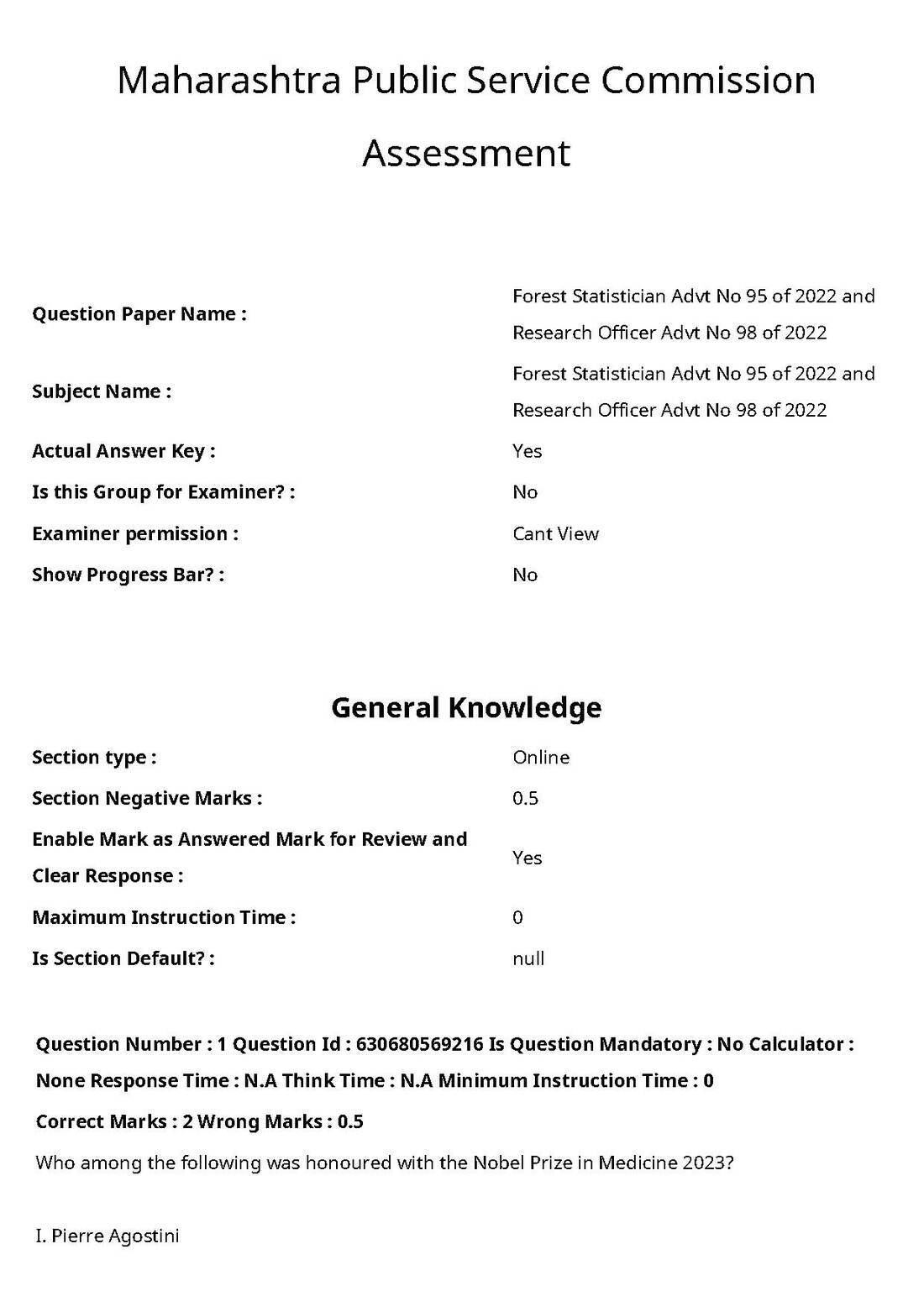 MPSC GK Nobel Prize 2023 & CIC Appointment - 2024 — page 1 instructions scan PDF download