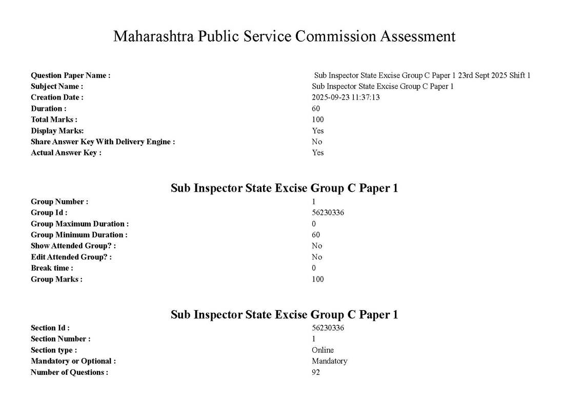 Maharashtra PSC Sub Inspector State Excise Paper 1 (2025) MCQ — page 1 instructions scan PDF download