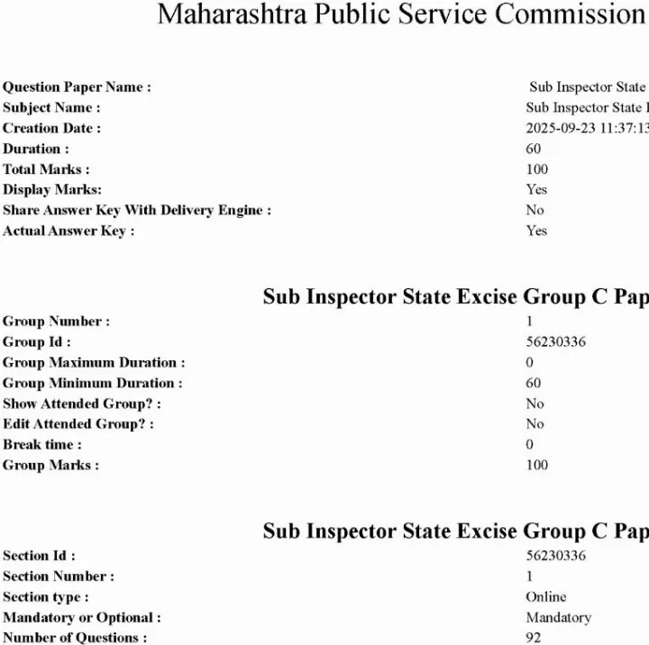 Maharashtra PSC Sub Inspector State Excise Paper 1 (2025) MCQ — page 1 instructions scan PDF download
