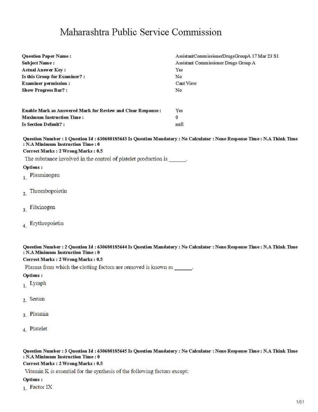 MPSC 2023 Assistant Commissioner Drugs Group A Paper — page 1 instructions scan PDF download