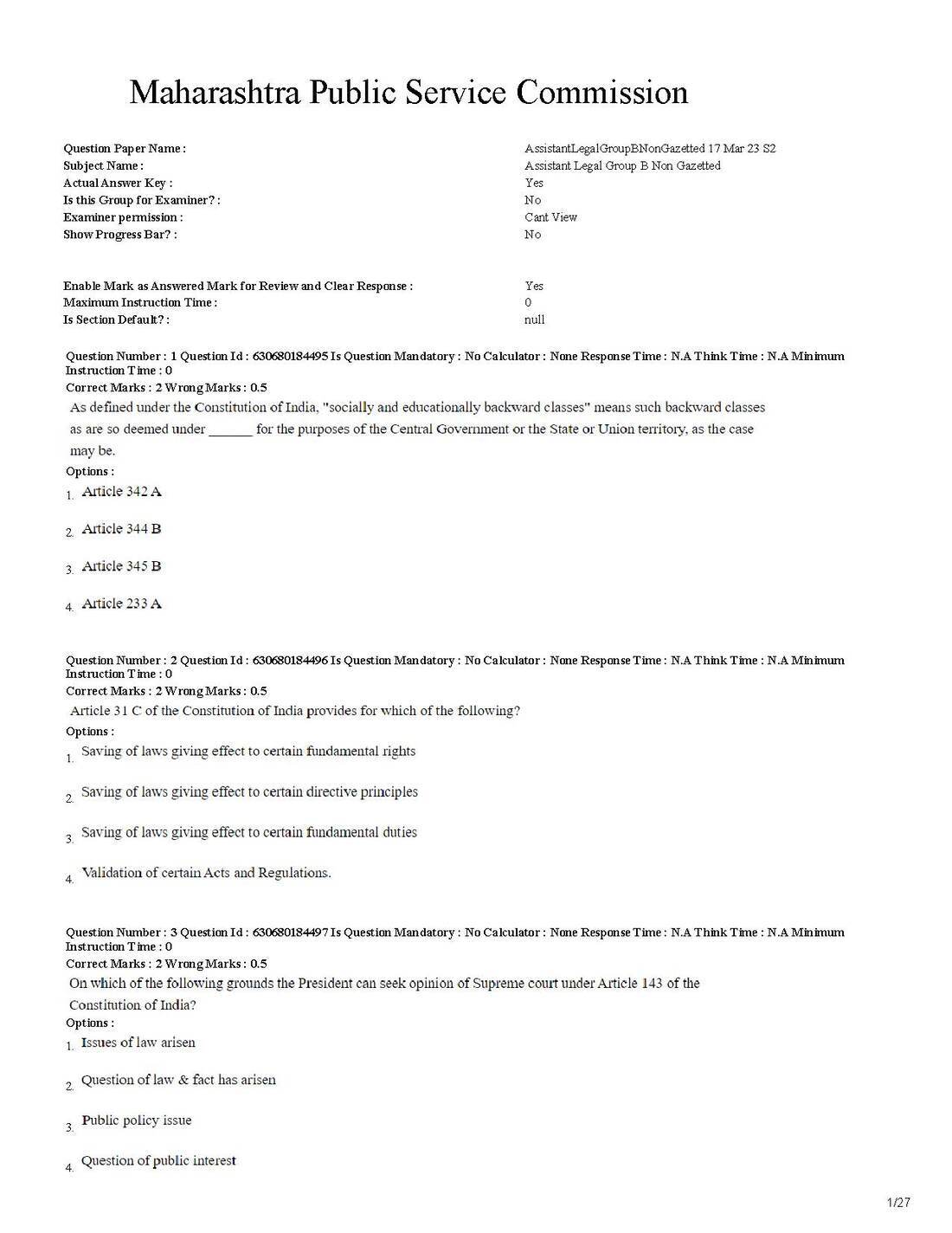 MPSC Assistant Legal Group B Non Gazetted 2023 Question Paper — page 1 instructions scan PDF download