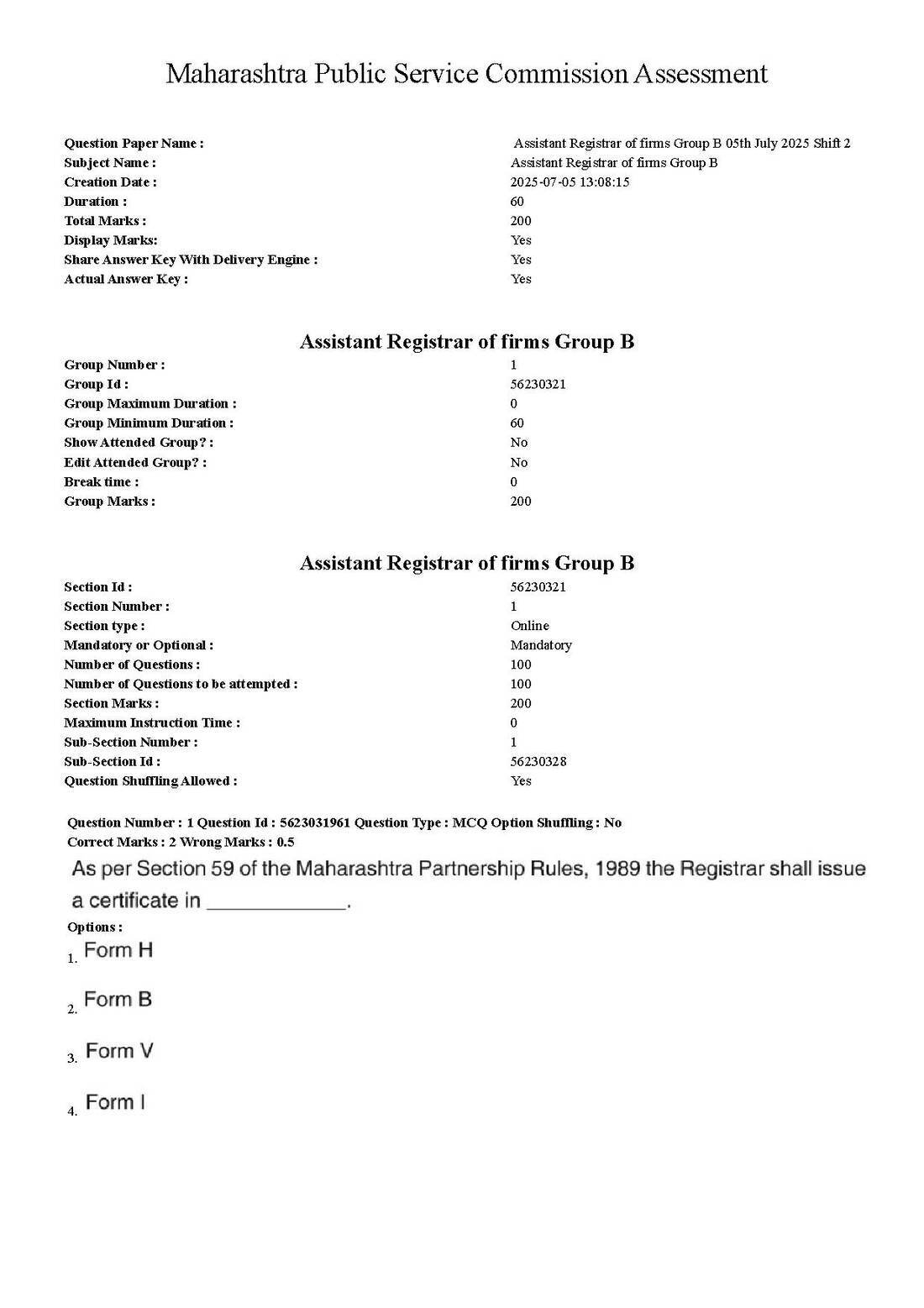 MPSC Assistant Registrar of Firms Group B 2025 MCQ Paper — page 1 instructions scan PDF download