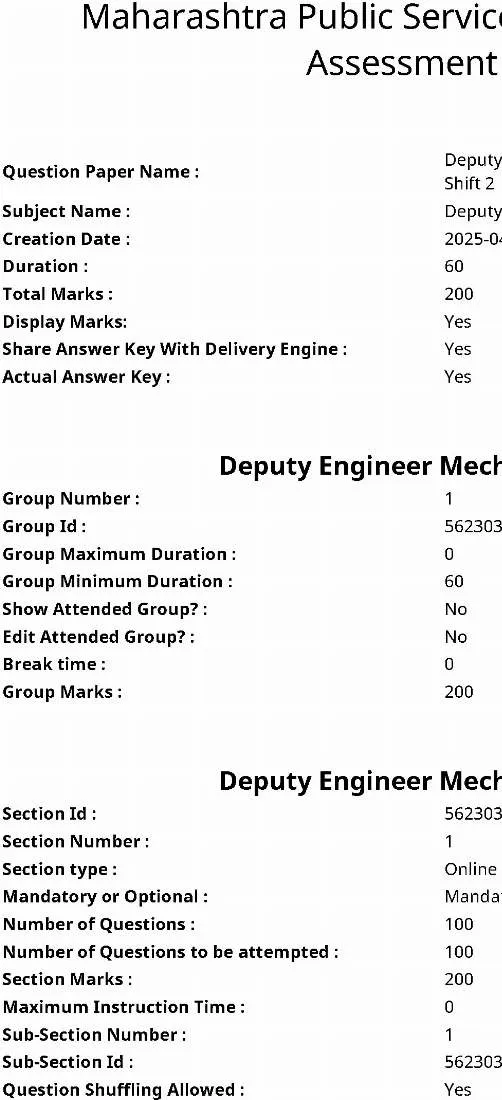 MPSC Deputy Engineer Mechanical 2025 MCQ – Shift 2 — page 1 instructions scan PDF download