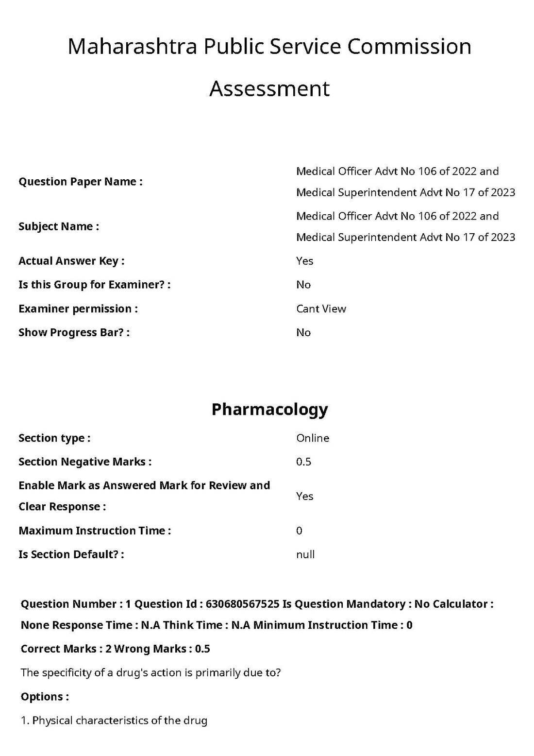MPSC Pharmacology 2024 MCQ Paper – Medical Officer & Superintendent — page 1 instructions scan PDF download