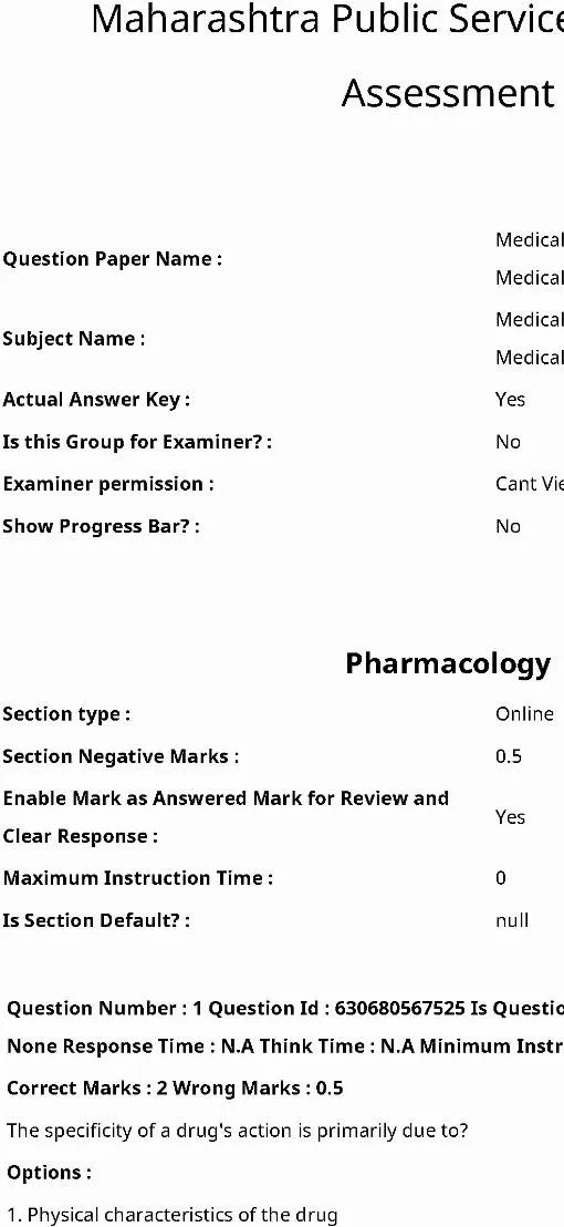 MPSC Pharmacology 2024 MCQ Paper – Medical Officer & Superintendent — page 1 instructions scan PDF download
