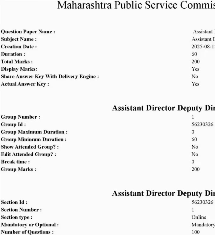MPSC Assistant Director Deputy Director 2025 – 100 MCQs, 200 Marks — page 1 instructions scan PDF download