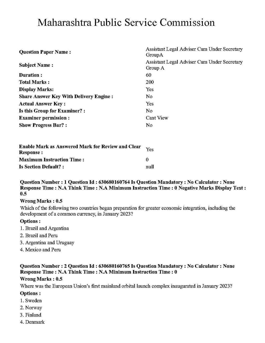 MPSC Group A 2023 Question Paper – AL Attorney/Under Secretary — page 1 instructions scan PDF download