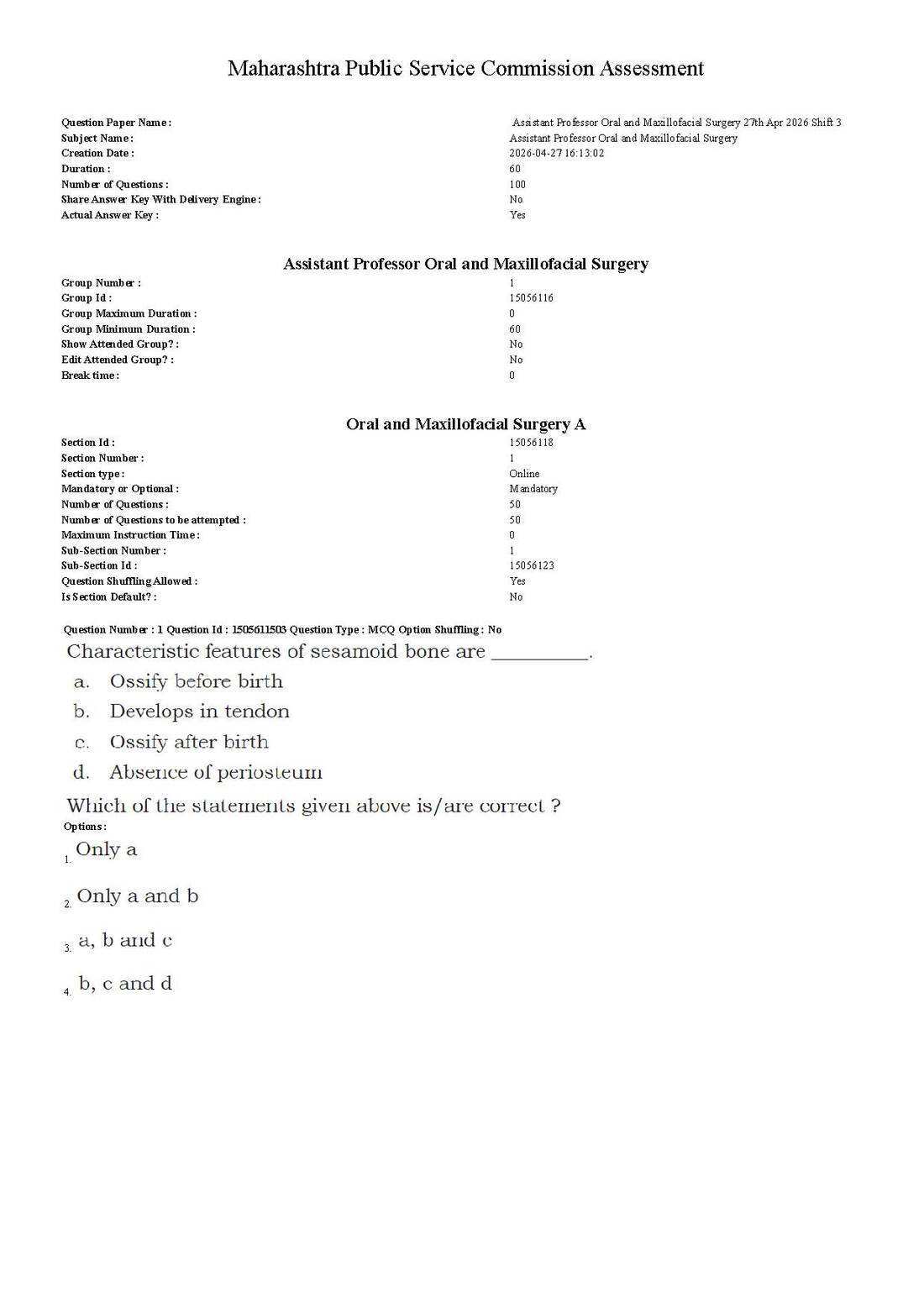 Maharashtra PSC Assistant Professor OMF Surgery 2026 MCQ Paper — page 1 instructions scan PDF download