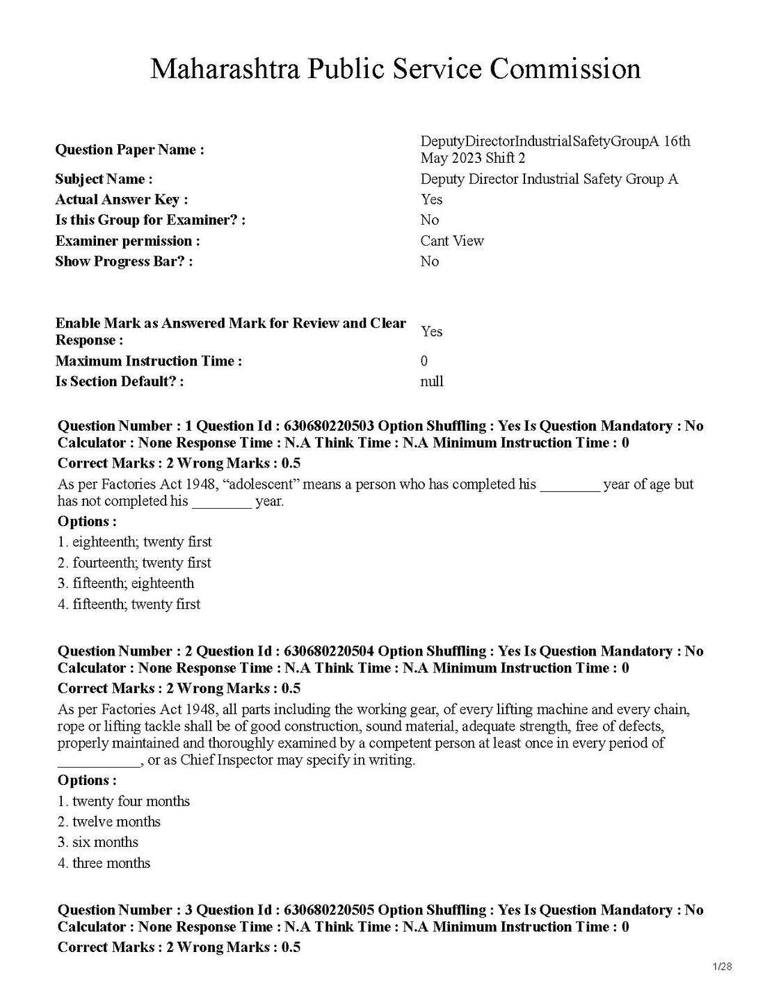MPSC Deputy Director Industrial Safety Group A May 2023 Shift 2 — page 1 instructions scan PDF download
