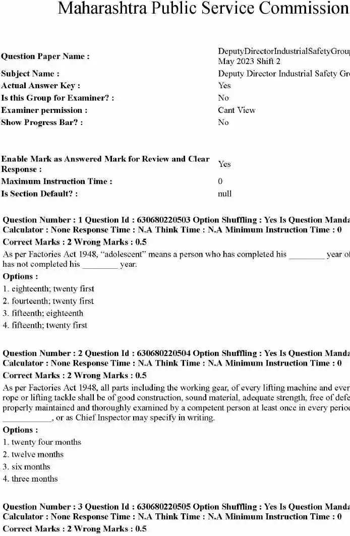 MPSC Deputy Director Industrial Safety Group A May 2023 Shift 2 — page 1 instructions scan PDF download