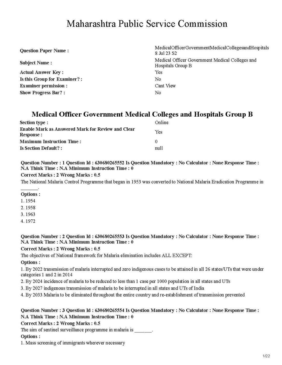 MPSC Medical Officer Group B Question Paper 2023 — page 1 instructions scan PDF download