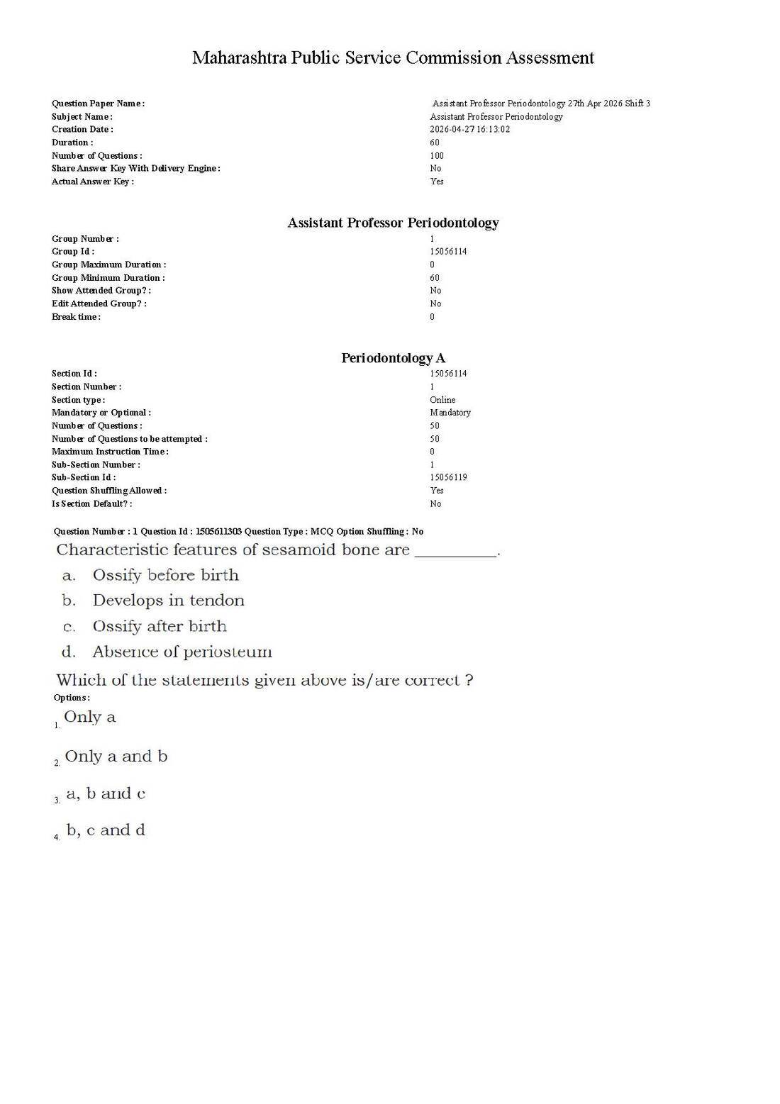 Assistant Professor Periodontology 2026 Question Paper Maharashtra Public Service Commission question paper page 1 instructions scan PDF download