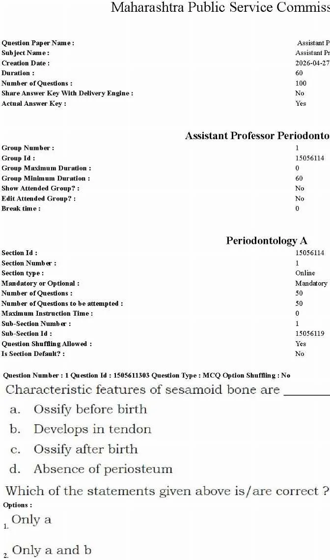 Assistant Professor Periodontology 2026 Question Paper Maharashtra Public Service Commission question paper page 1 instructions scan PDF download