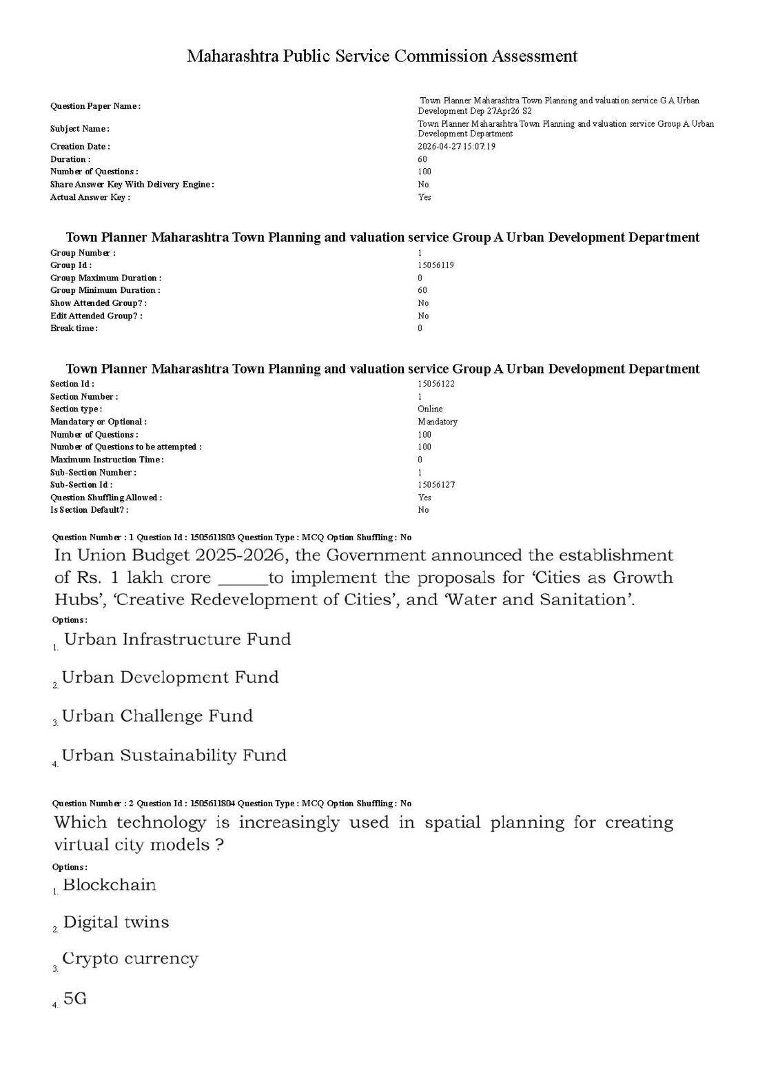 Maharashtra Town Planner exam 2026 – MPSC Development Dept (Urban) MCQs — page 1 instructions scan PDF download