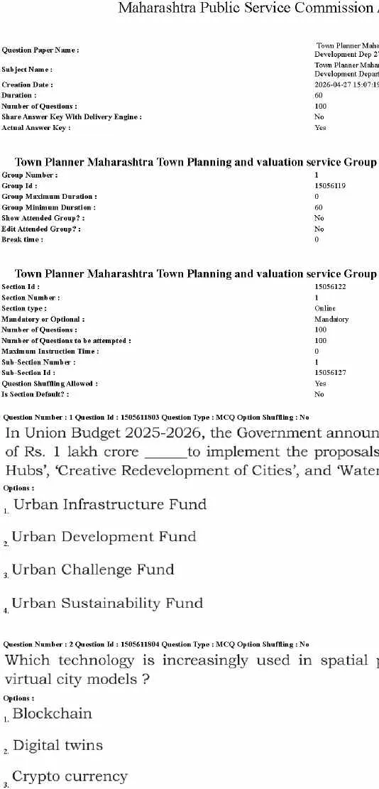 Maharashtra Town Planner exam 2026 – MPSC Development Dept (Urban) MCQs — page 1 instructions scan PDF download