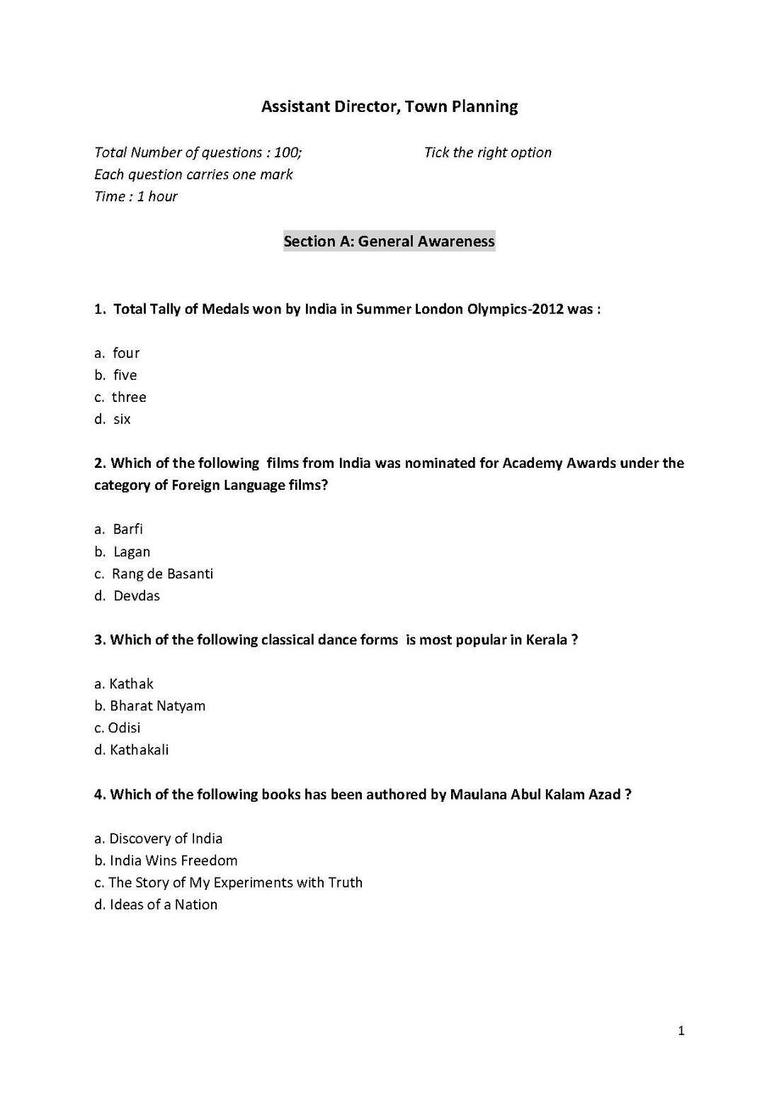 General Awareness Exam 2017 - Assistant Director, Town Planning — page 1 instructions scan PDF download