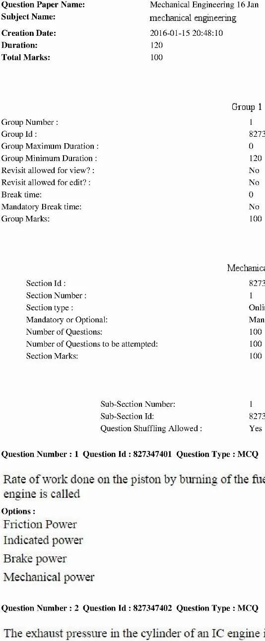 Mechanical Engineering Lecturer MCQ Paper 2016 — page 1 instructions scan PDF download