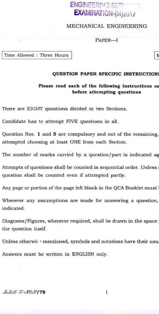 Mechanical Eng Paper I 2017 - Engineering Services Exam — page 1 instructions scan PDF download