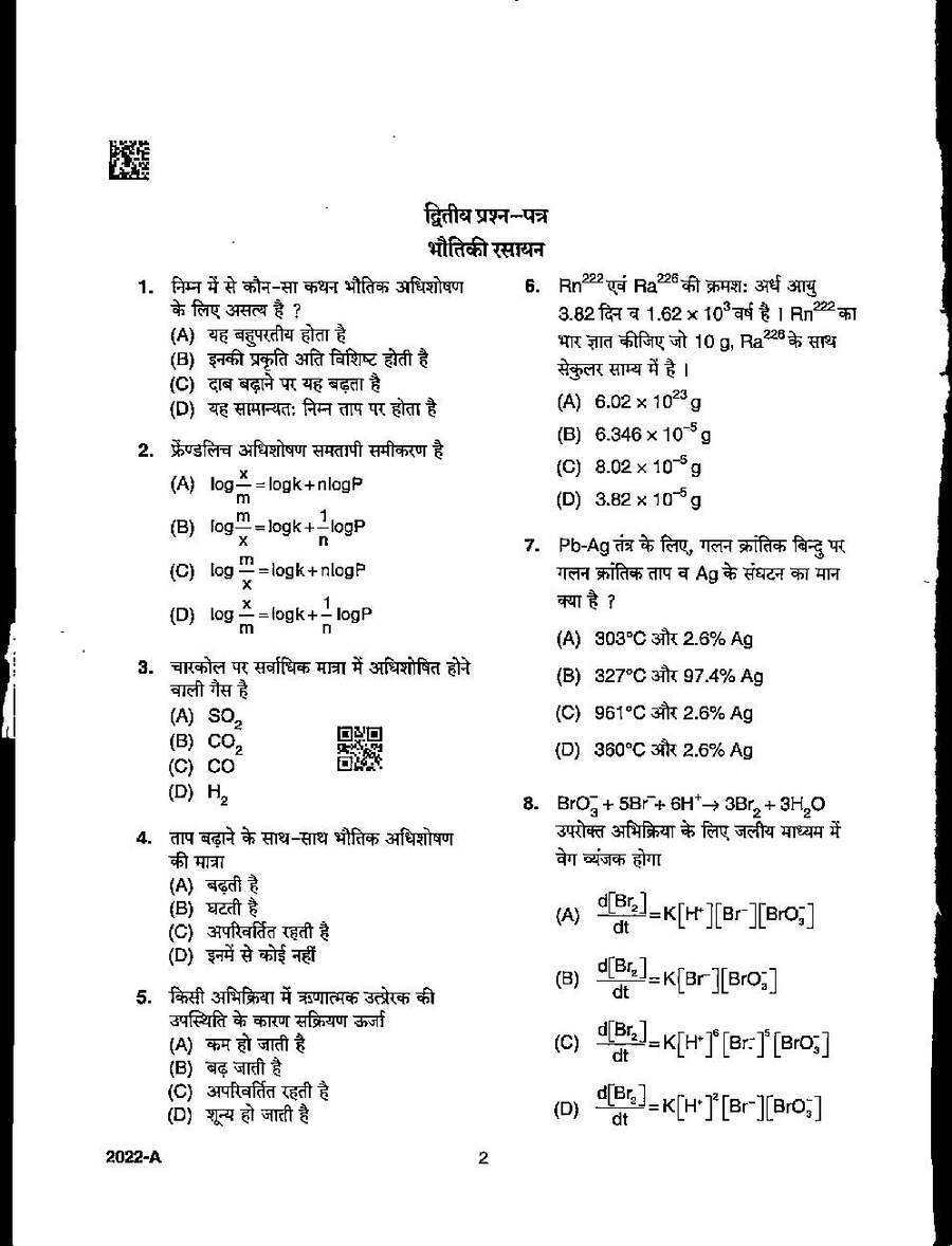 MPPSC Assistant Professor Physical Chemistry 2022 question paper page 1 scan PDF download showing exam header and instructions for candidates.