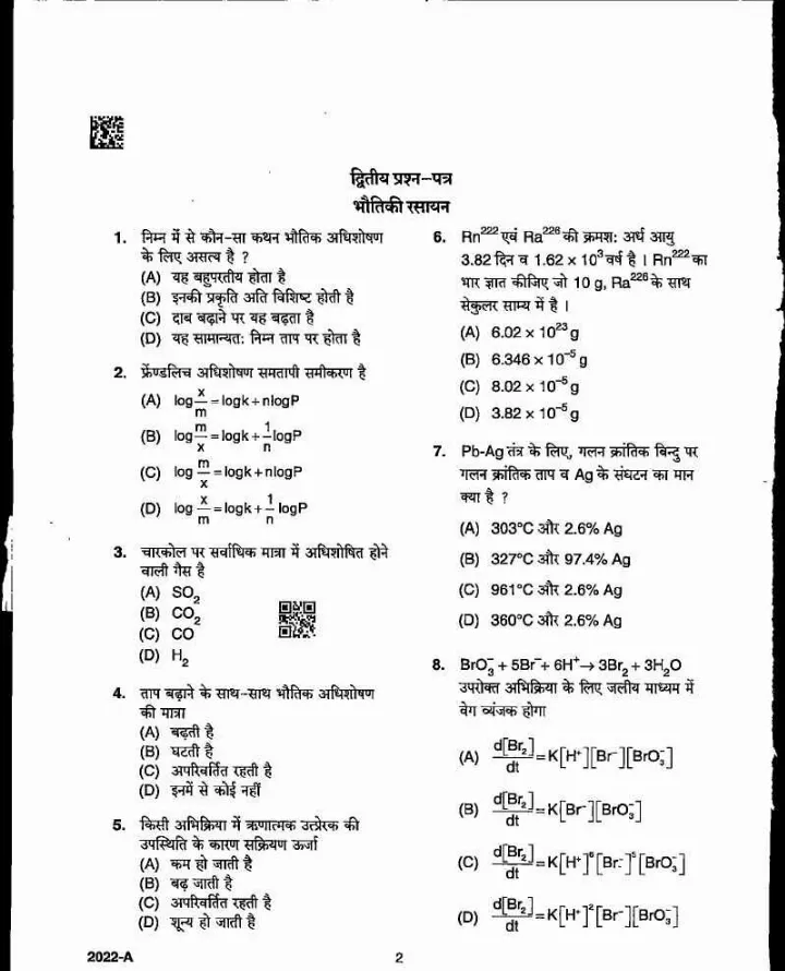 MPPSC Assistant Professor Physical Chemistry 2022 question paper page 1 scan PDF download showing exam header and instructions for candidates.