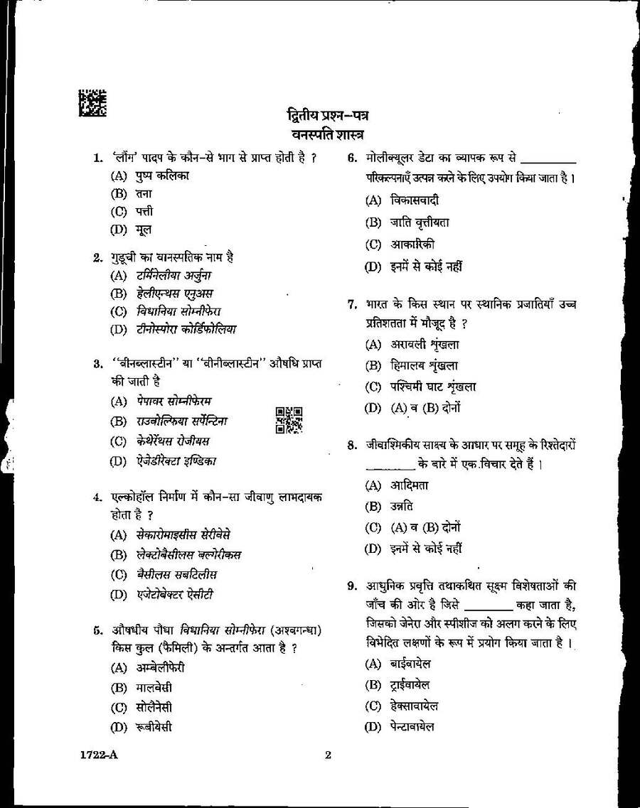 MPPSC Assistant Professor Botany 2022 question paper page 1 instructions scan PDF download. Includes exam header, question booklet number, series, roll number fields, and candidate instructions in Hindi and English.