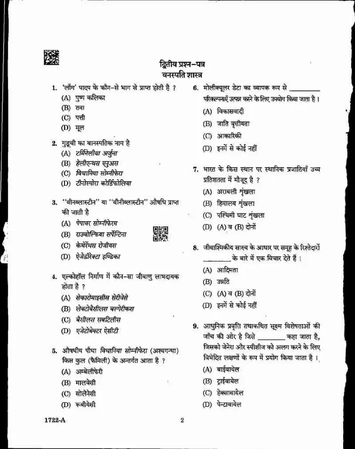 MPPSC Assistant Professor Botany 2022 question paper page 1 instructions scan PDF download. Includes exam header, question booklet number, series, roll number fields, and candidate instructions in Hindi and English.