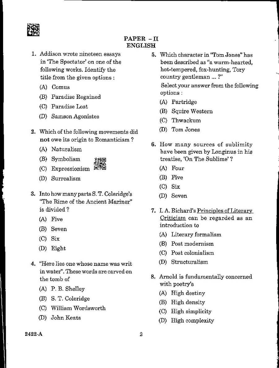MPPSC Assistant Professor English 2022 question paper page 1 instructions scan PDF download. Includes exam header, question booklet number, time, marks, and candidate instructions in English and Hindi.
