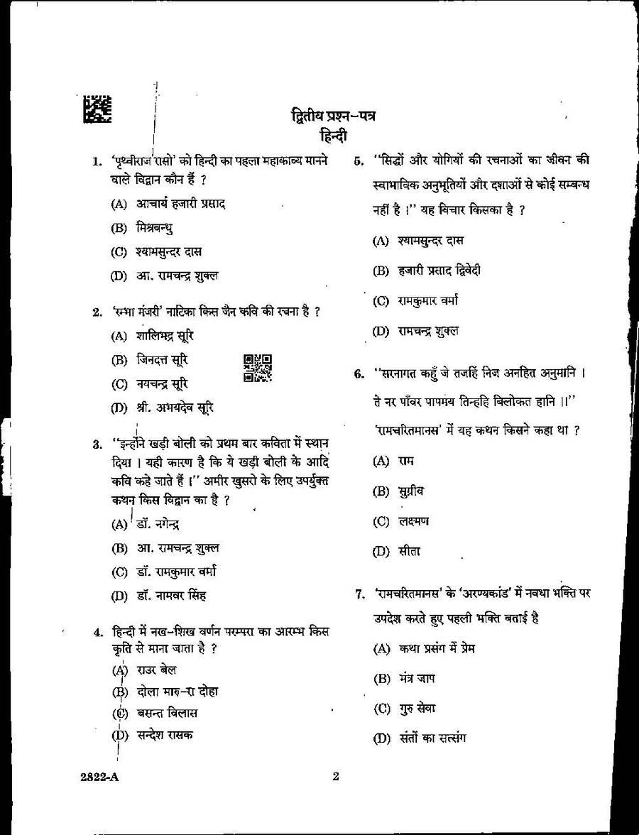 MPPSC Assistant Professor Hindi question paper 2022 page 1 scan showing exam instructions, booklet number, time, and marks. PDF download.