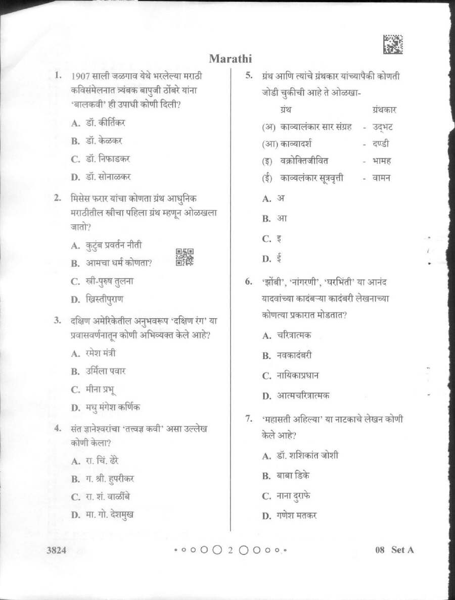 MPPSC Assistant Professor Marathi question paper 2024 page 1 instructions scan PDF download