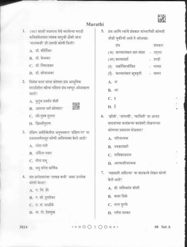 MPPSC Assistant Professor Marathi question paper 2024 page 1 instructions scan PDF download