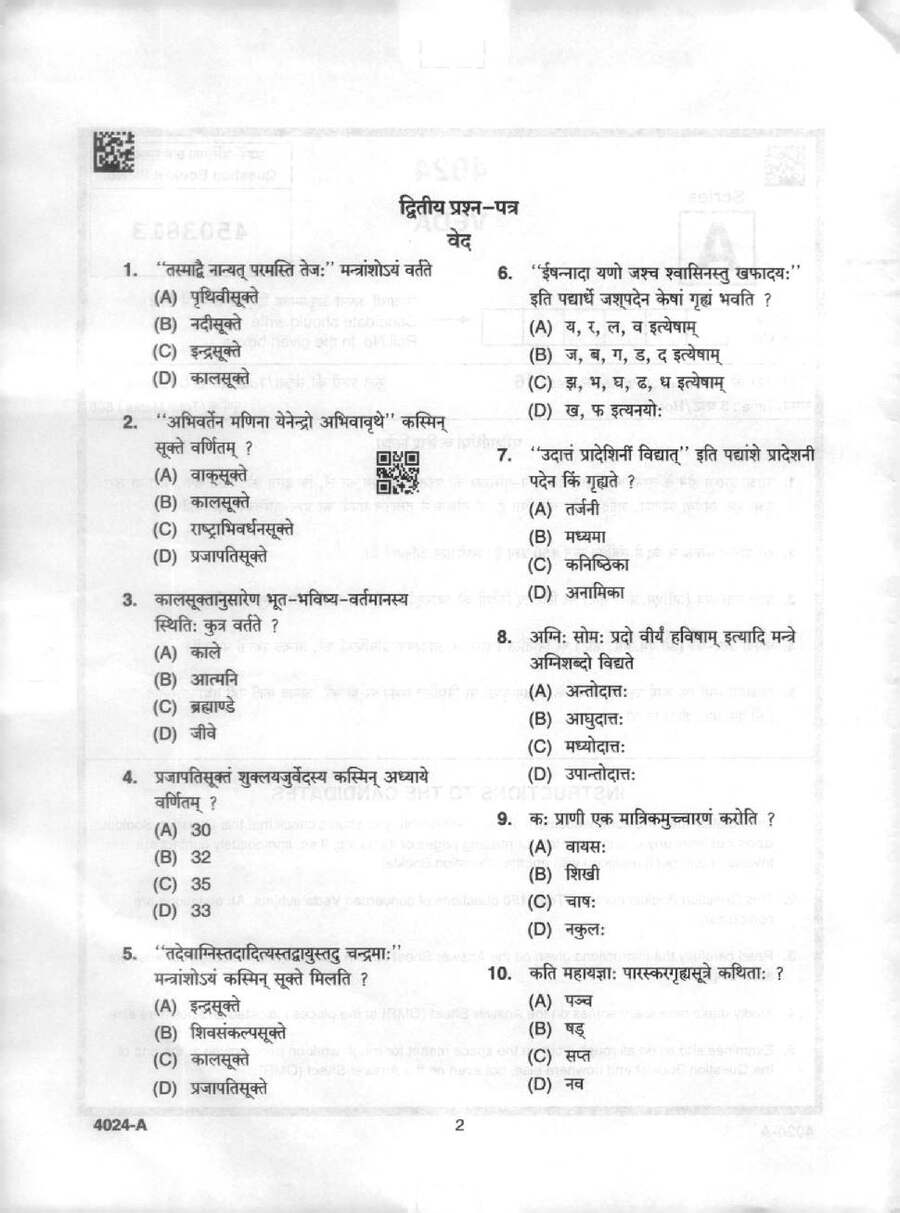 MPPSC Assistant Professor Librarian Sports Officer Examination 2024 VEDA question paper page 1 instructions scan PDF download