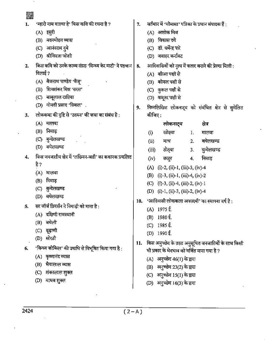 MPPSC Assistant Professor Hindi question paper 2024 page 1 instructions scan PDF download