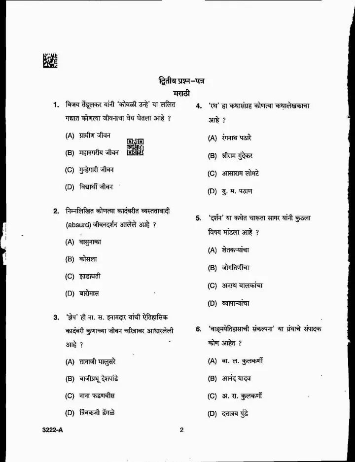 MPPSC Assistant Professor Marathi question paper 2022 page 1 instructions scan PDF download. Includes exam name, paper series, roll number fields, time, marks, and candidate instructions in Hindi and English.