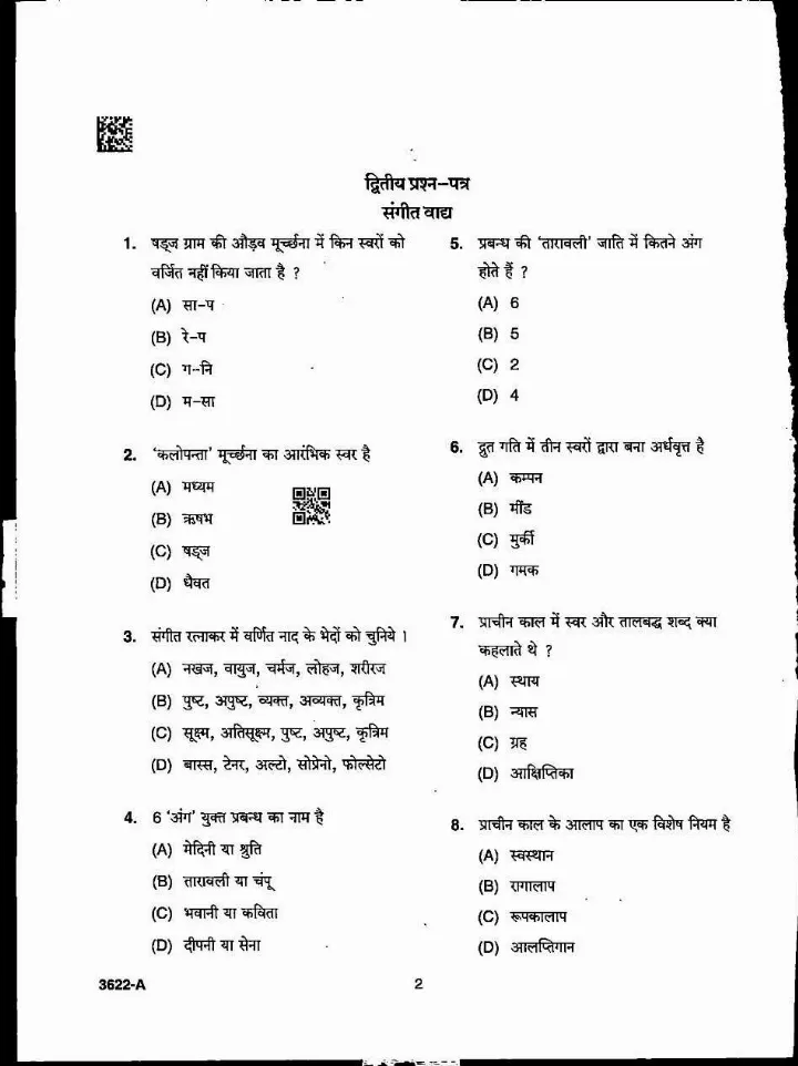 MPPSC Assistant Professor Music Instrumental 2022 question paper page 1 instructions scan PDF download